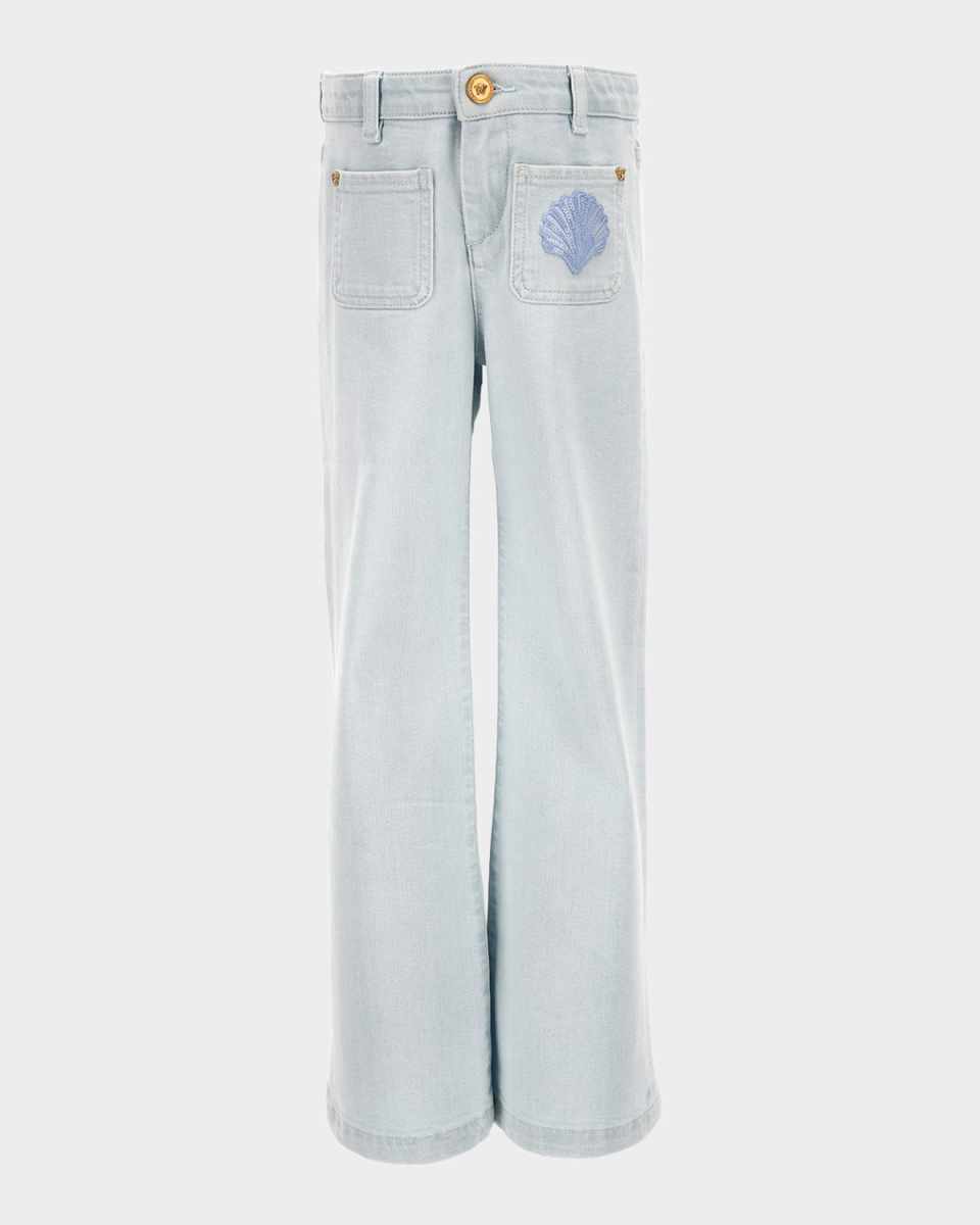 Girl's De La Mer Shell Embroidered Denim Pants, Size 6-